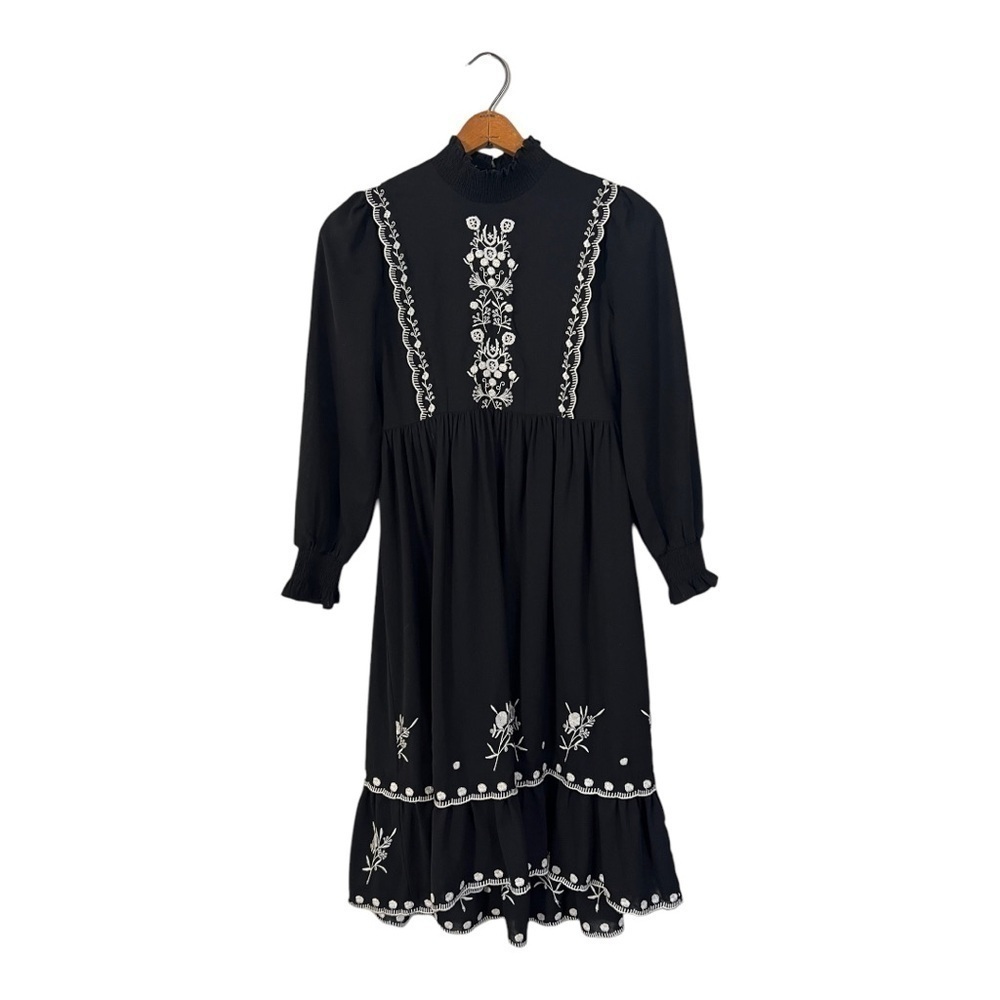 Signature Black Midi Dress with White Embroidery